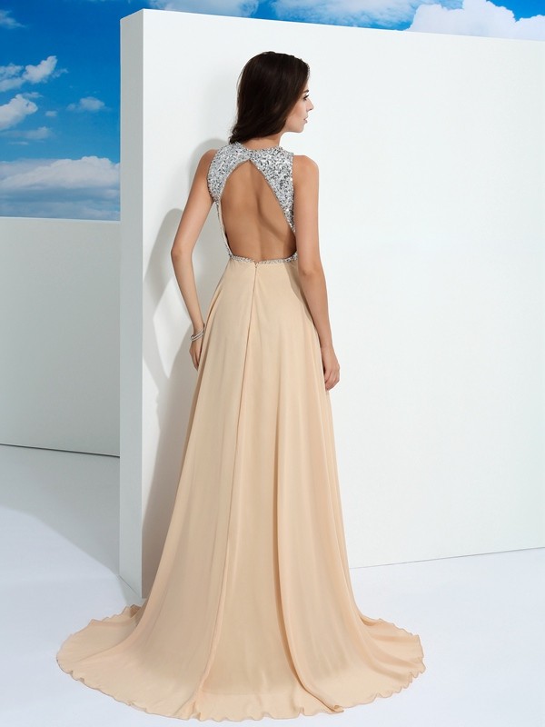 A-Line/Princess Scoop Paillette Sleeveless Long Chiffon Dresses 4326