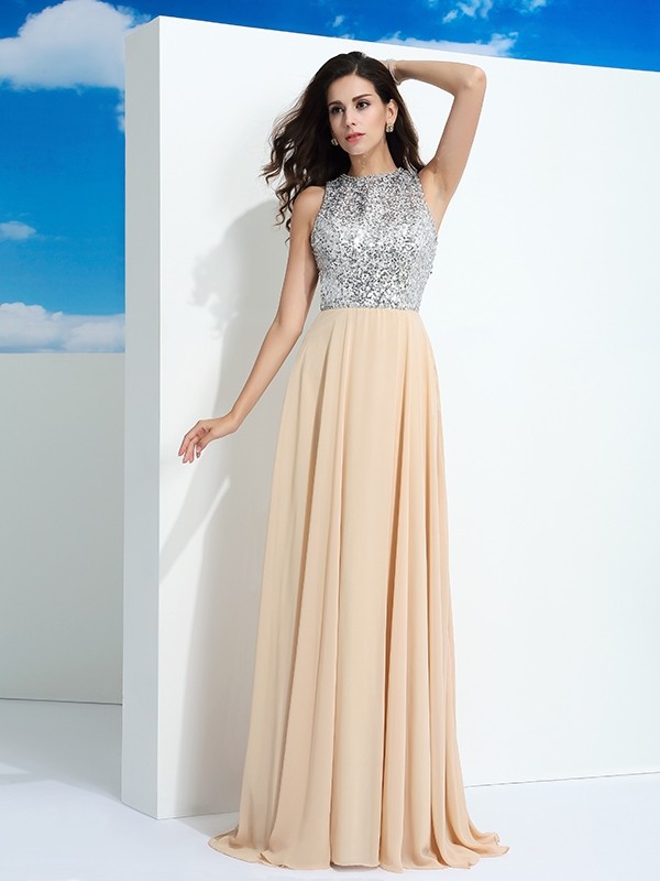 A-Line/Princess Scoop Paillette Sleeveless Long Chiffon Dresses 4326