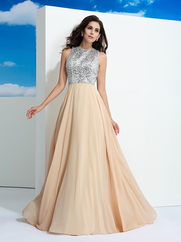 A-Line/Princess Scoop Paillette Sleeveless Long Chiffon Dresses 4326