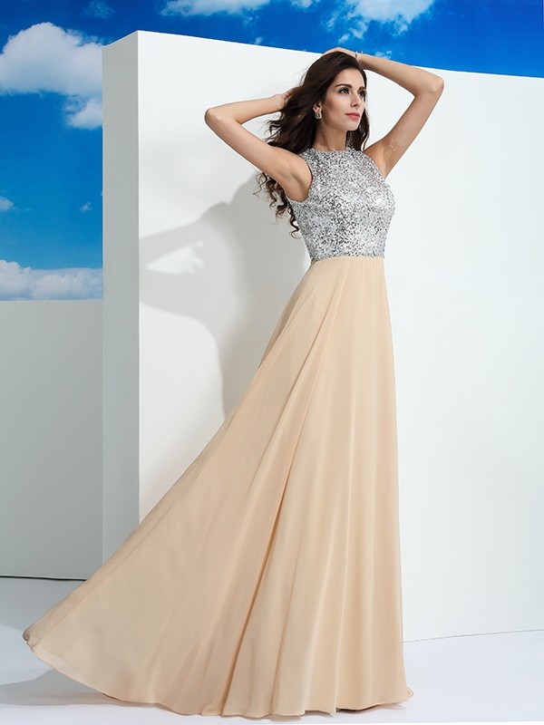 A-Line/Princess Scoop Paillette Sleeveless Long Chiffon Dresses 4326