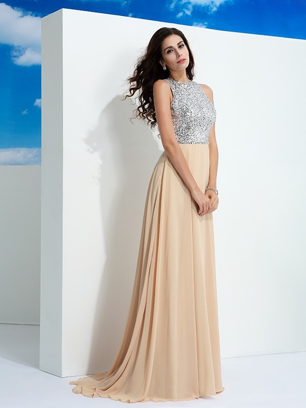 A-Line/Princess Scoop Paillette Sleeveless Long Chiffon Dresses 4326