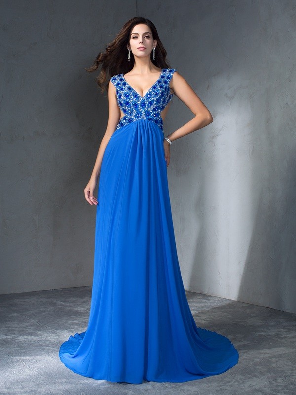 A-Line/Princess V-neck Sequin Sleeveless Long Chiffon Dresses 5494