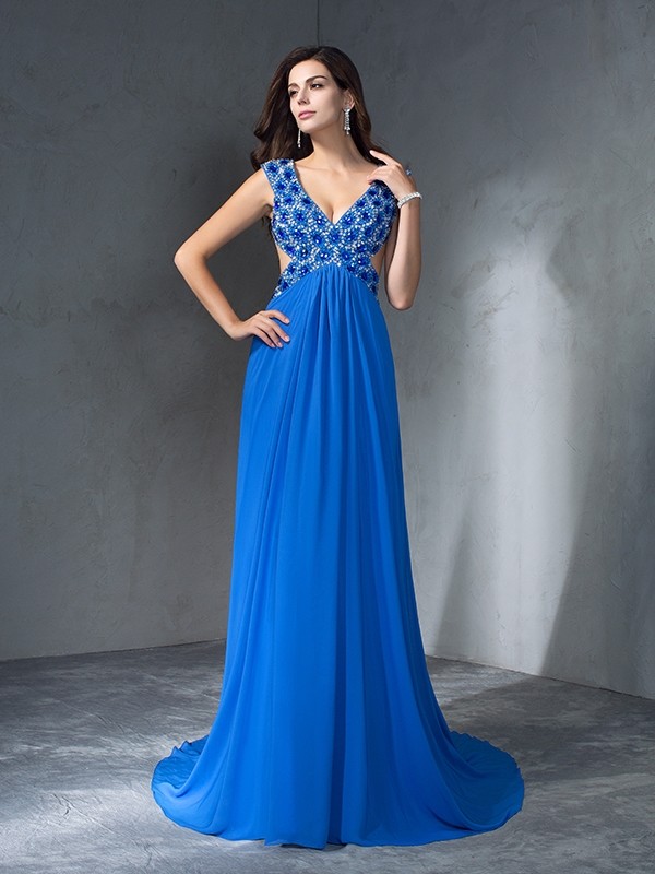 A-Line/Princess V-neck Sequin Sleeveless Long Chiffon Dresses 5494