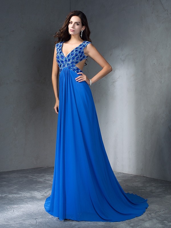 A-Line/Princess V-neck Sequin Sleeveless Long Chiffon Dresses 5494