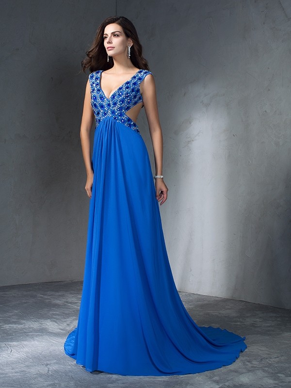 A-Line/Princess V-neck Sequin Sleeveless Long Chiffon Dresses 5494