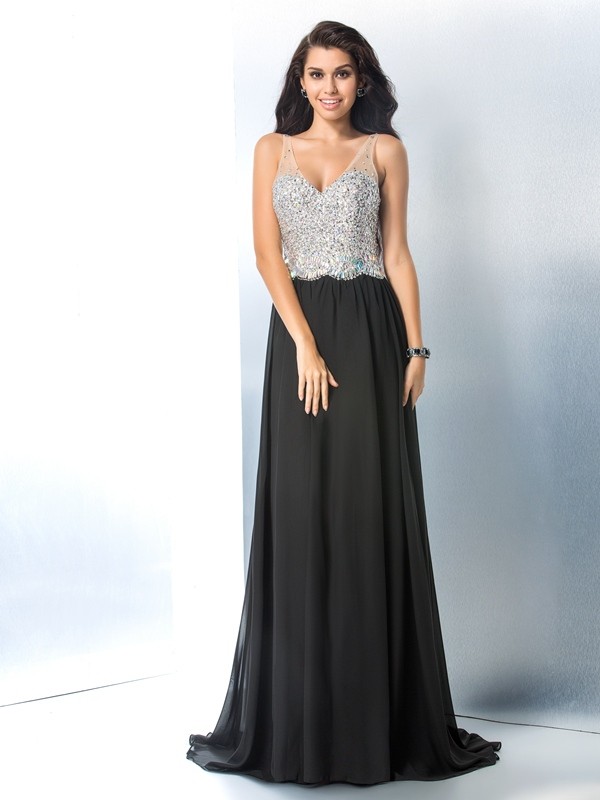 A-Line/Princess V-neck Beading Sleeveless Long Chiffon Dresses 5446