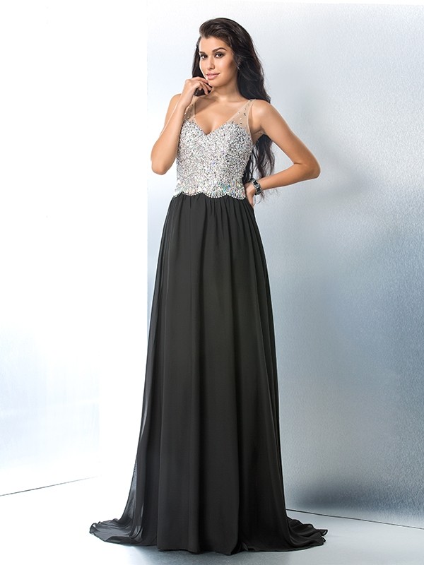 A-Line/Princess V-neck Beading Sleeveless Long Chiffon Dresses 5446