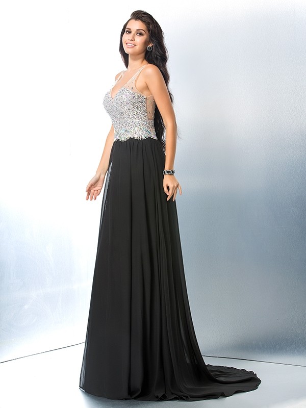 A-Line/Princess V-neck Beading Sleeveless Long Chiffon Dresses 5446