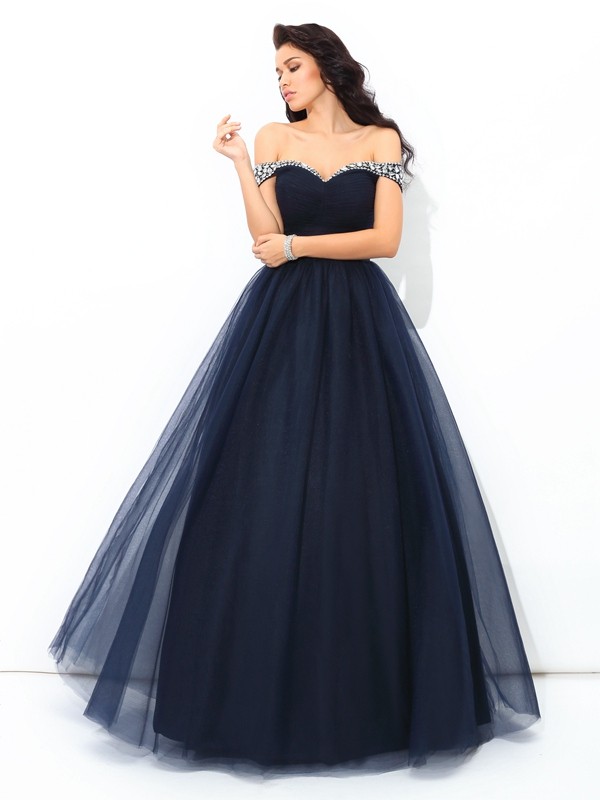 Ball Gown Off-the-Shoulder Beading Sleeveless Long Net Quinceanera Dresses 5647