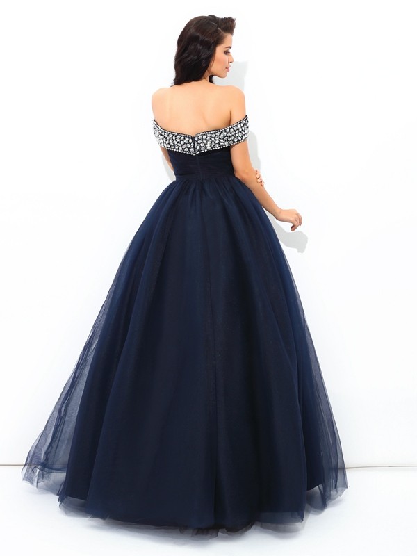 Ball Gown Off-the-Shoulder Beading Sleeveless Long Net Quinceanera Dresses 5647