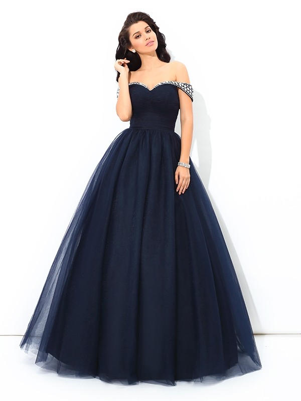 Ball Gown Off-the-Shoulder Beading Sleeveless Long Net Quinceanera Dresses 5647