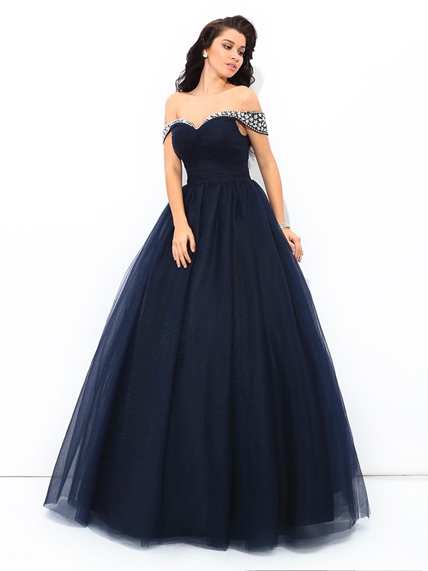 Ball Gown Off-the-Shoulder Beading Sleeveless Long Net Quinceanera Dresses 5647