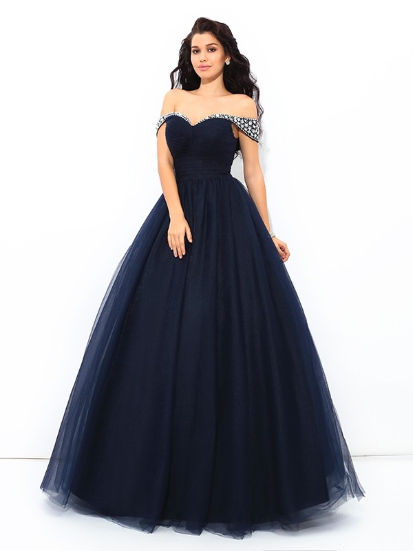 Ball Gown Off-the-Shoulder Beading Sleeveless Long Net Quinceanera Dresses 5647