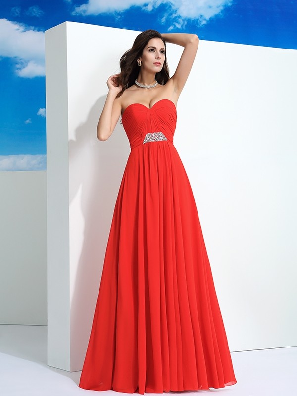 A-Line/Princess Sweetheart Beading Sleeveless Long Chiffon Dresses 4948