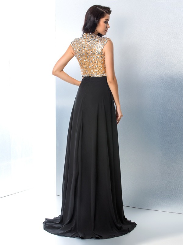 A-Line/Princess V-neck Rhinestone Sleeveless Long Chiffon Dresses 5481