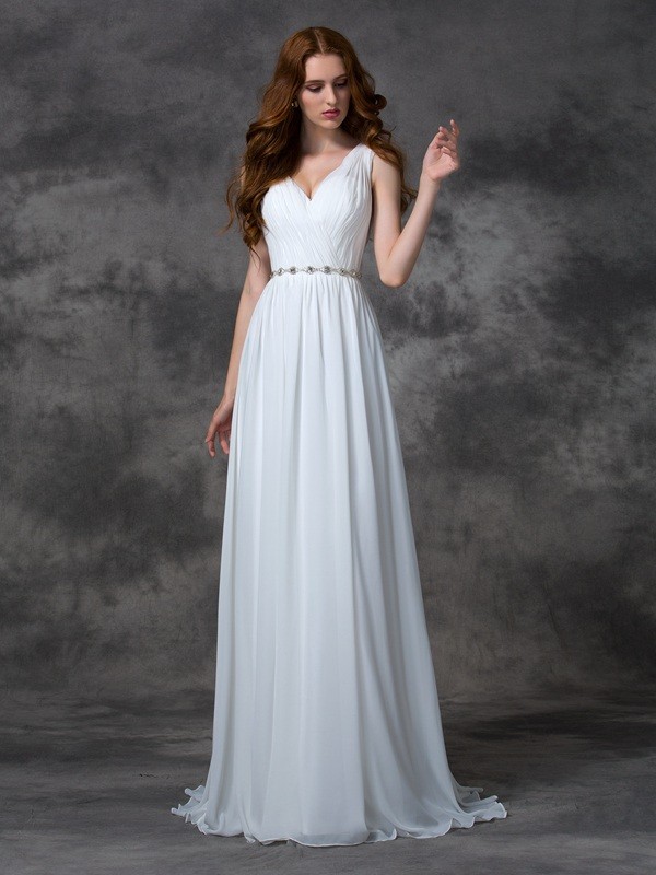 A-line/Princess V-neck Beading Sleeveless Long Chiffon Dresses 5447