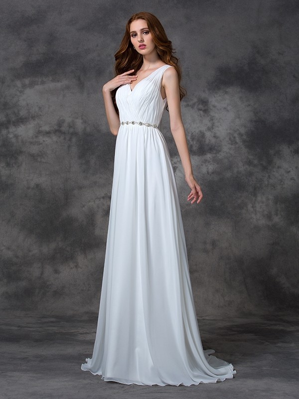 A-line/Princess V-neck Beading Sleeveless Long Chiffon Dresses 5447