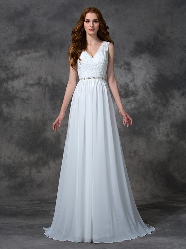 A-line/Princess V-neck Beading Sleeveless Long Chiffon Dresses 5447