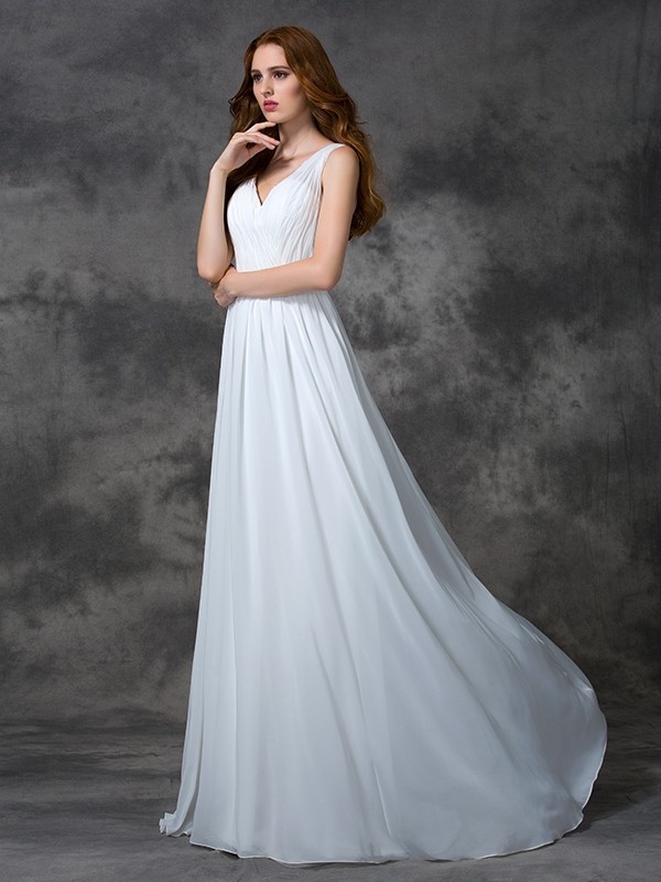 A-line/Princess V-neck Beading Sleeveless Long Chiffon Dresses 5447