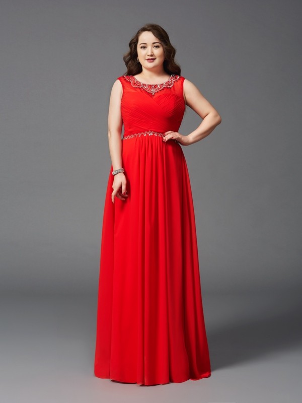 A-Line/Princess Scoop Beading Sleeveless Long Chiffon Plus Size Dresses 4307