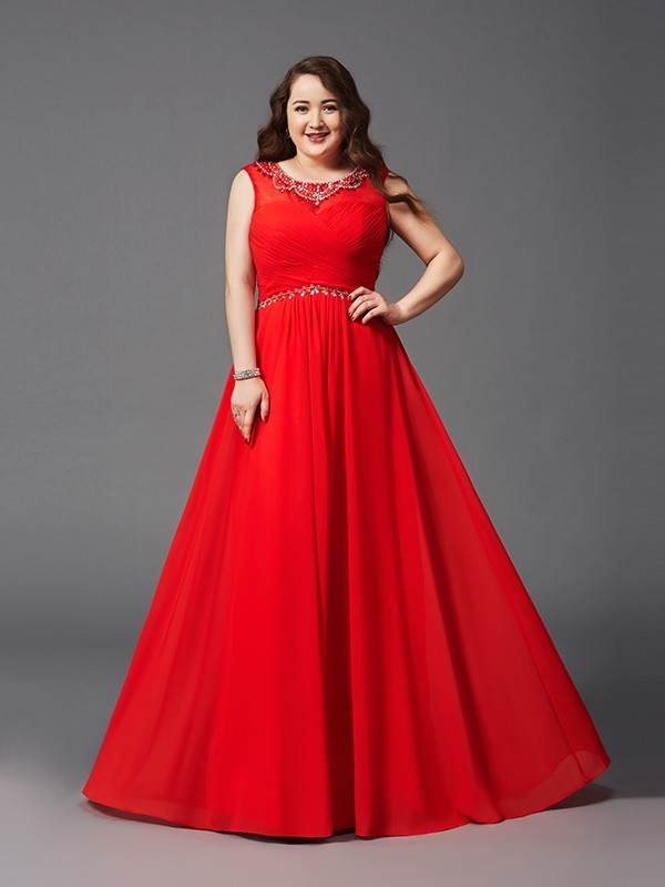 A-Line/Princess Scoop Beading Sleeveless Long Chiffon Plus Size Dresses 4307