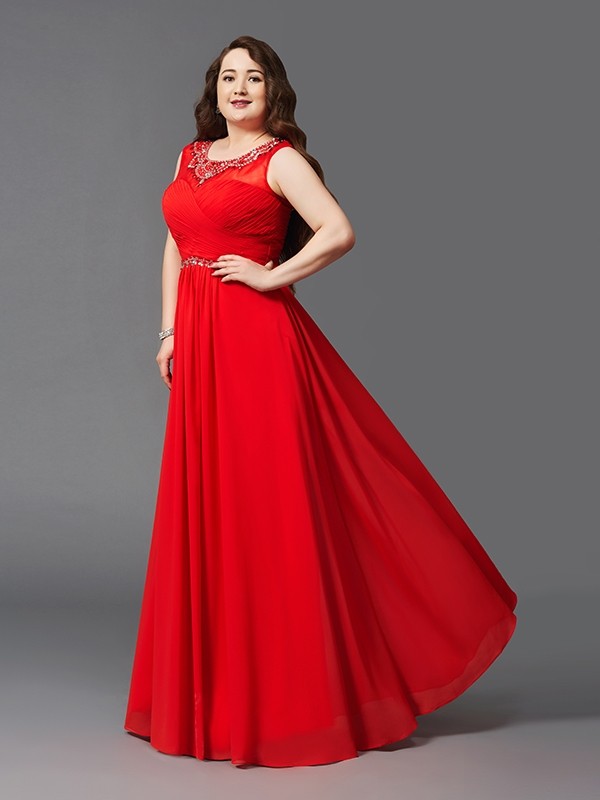 A-Line/Princess Scoop Beading Sleeveless Long Chiffon Plus Size Dresses 4307