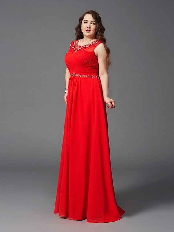 A-Line/Princess Scoop Beading Sleeveless Long Chiffon Plus Size Dresses 4307