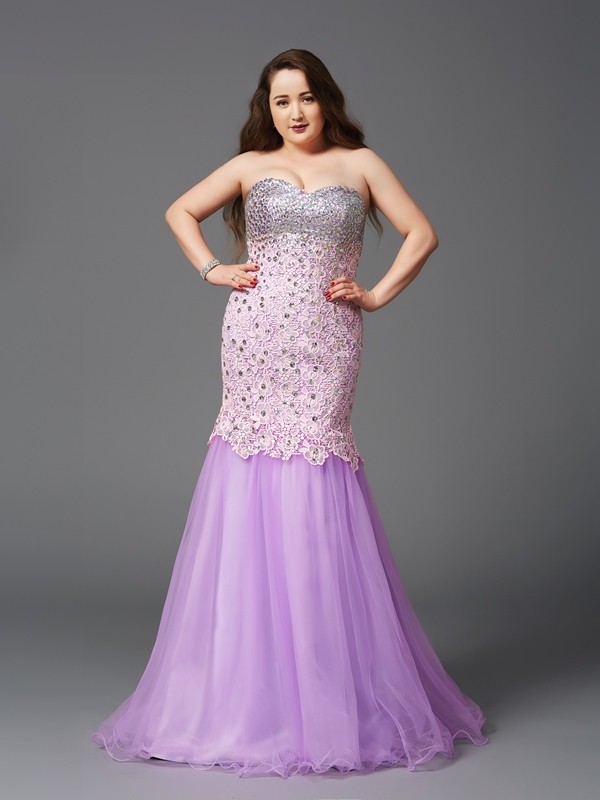 Trumpet/Mermaid Sweetheart Beading Sleeveless Long Net Plus Size Dresses 7487