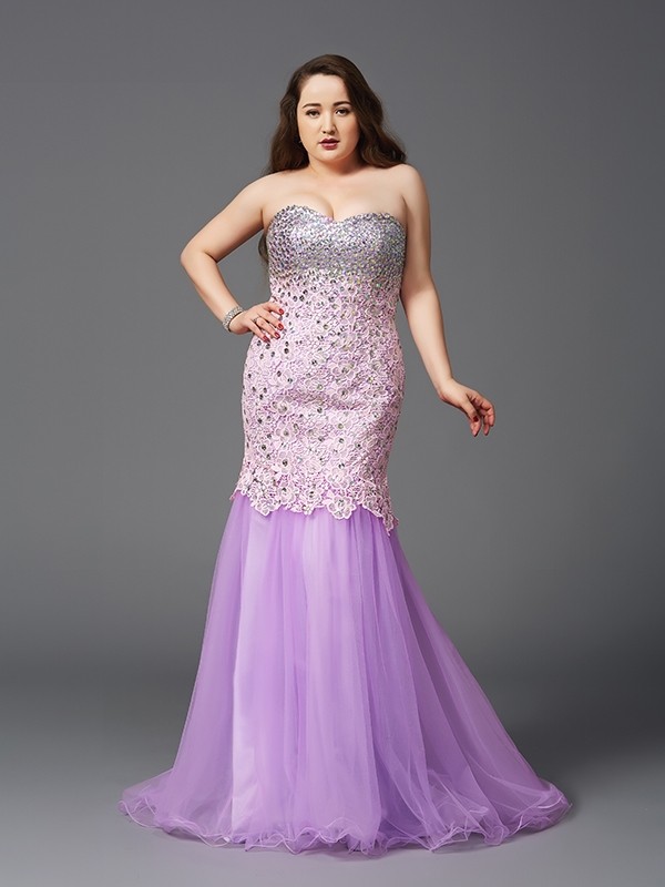 Trumpet/Mermaid Sweetheart Beading Sleeveless Long Net Plus Size Dresses 7487