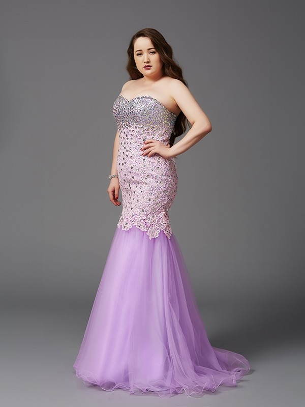 Trumpet/Mermaid Sweetheart Beading Sleeveless Long Net Plus Size Dresses 7487