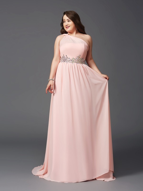 A-Line/Princess One-Shoulder Rhinestone Sleeveless Long Chiffon Plus Size Dresses 3865