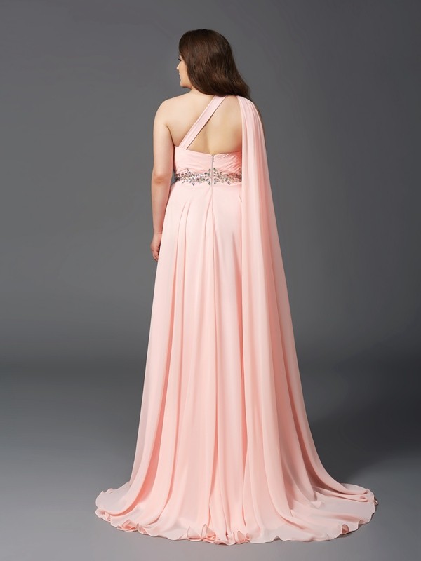 A-Line/Princess One-Shoulder Rhinestone Sleeveless Long Chiffon Plus Size Dresses 3865