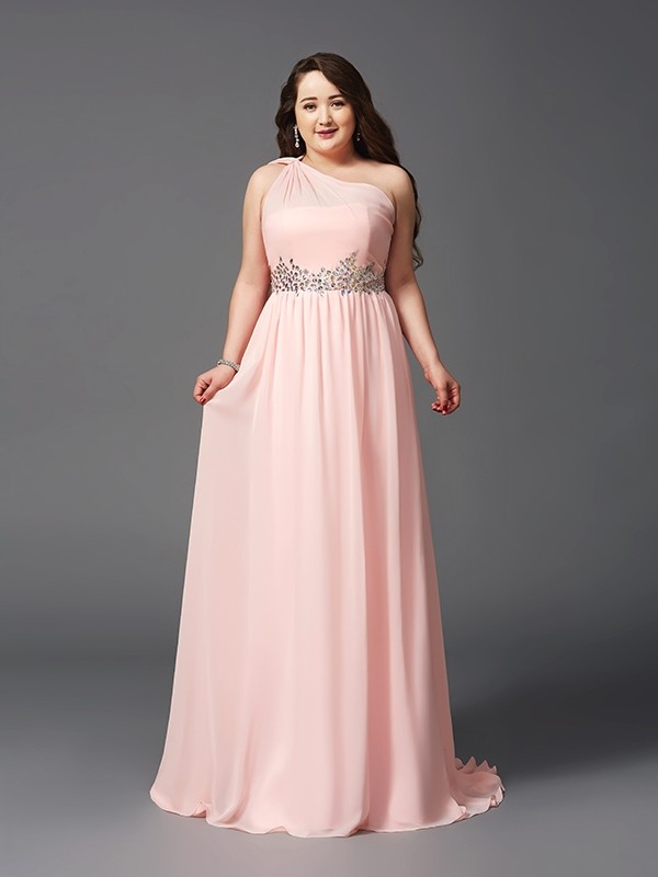 A-Line/Princess One-Shoulder Rhinestone Sleeveless Long Chiffon Plus Size Dresses 3865