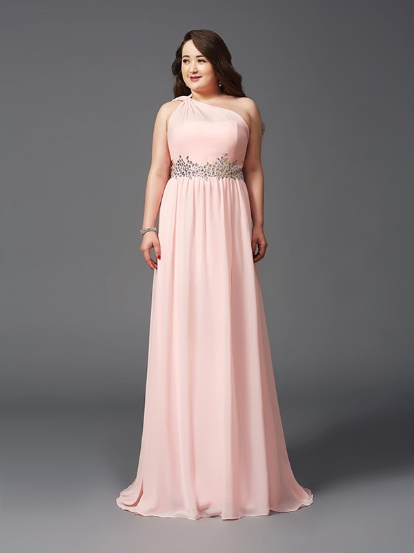 A-Line/Princess One-Shoulder Rhinestone Sleeveless Long Chiffon Plus Size Dresses 3865