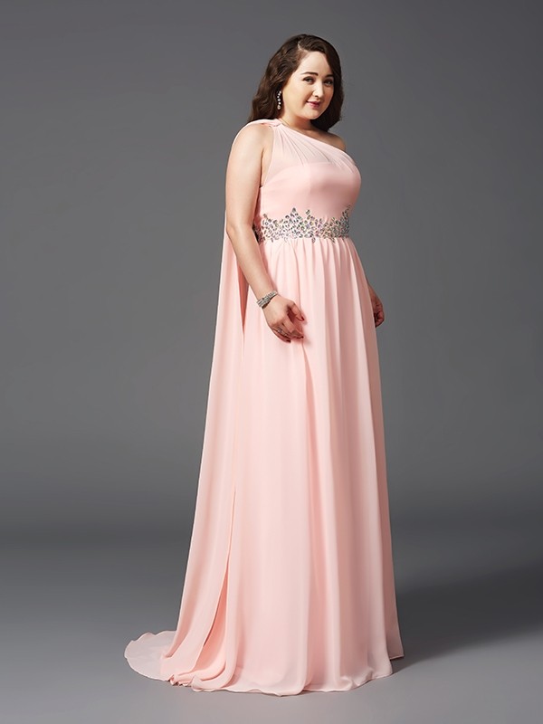 A-Line/Princess One-Shoulder Rhinestone Sleeveless Long Chiffon Plus Size Dresses 3865