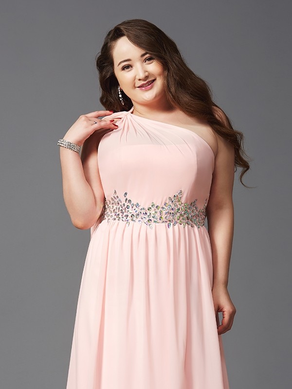 A-Line/Princess One-Shoulder Rhinestone Sleeveless Long Chiffon Plus Size Dresses 3865