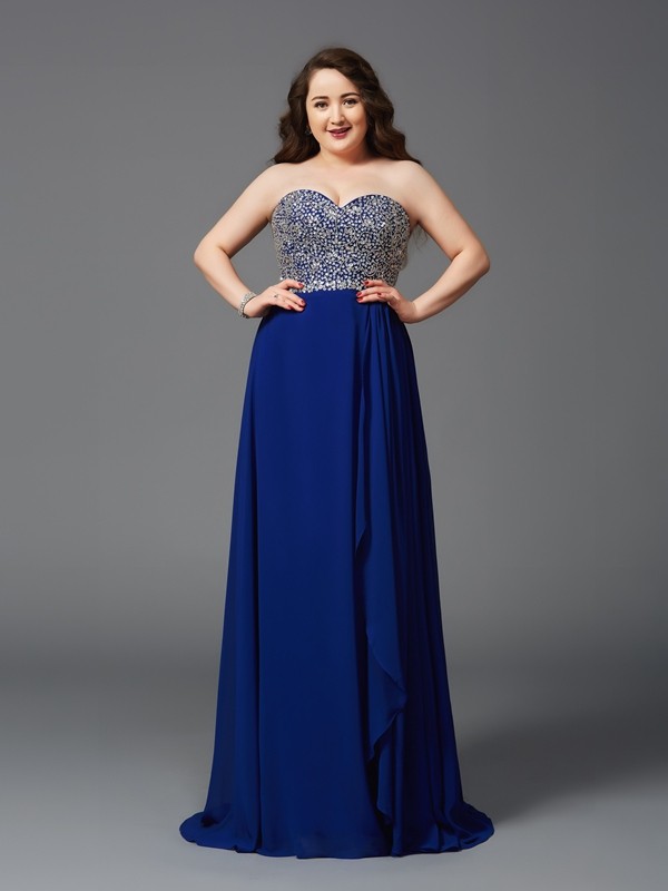 A-Line/Princess Sweetheart Rhinestone Sleeveless Long Chiffon Plus Size Dresses 4993