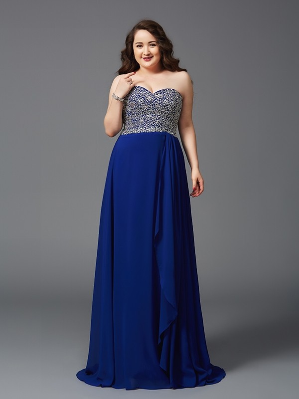 A-Line/Princess Sweetheart Rhinestone Sleeveless Long Chiffon Plus Size Dresses 4993