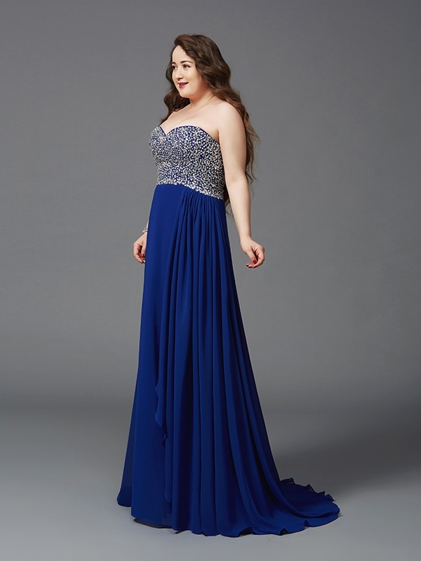 A-Line/Princess Sweetheart Rhinestone Sleeveless Long Chiffon Plus Size Dresses 4993