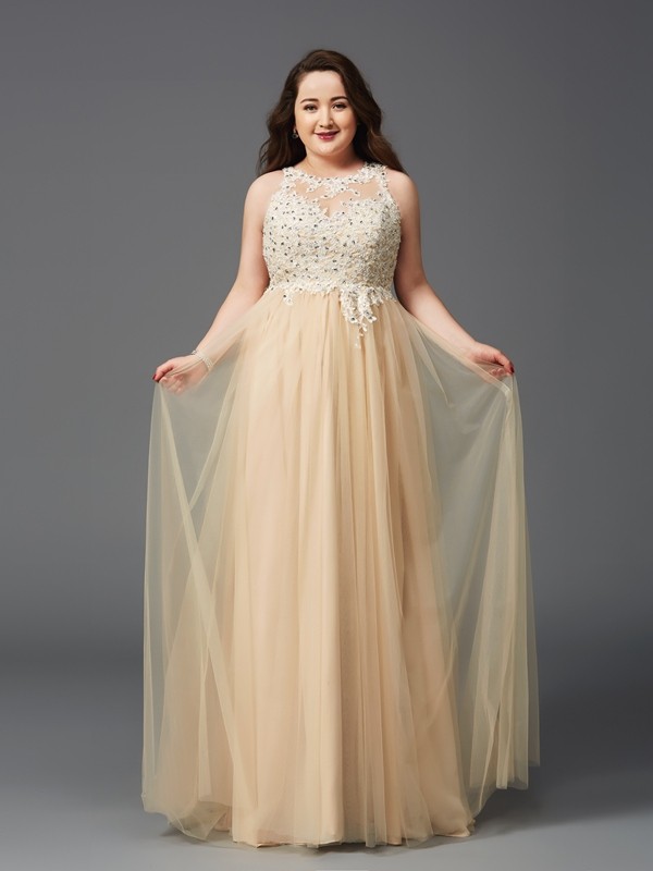 A-Line/Princess Scoop Rhinestone Sleeveless Long Net Plus Size Dresses 4330