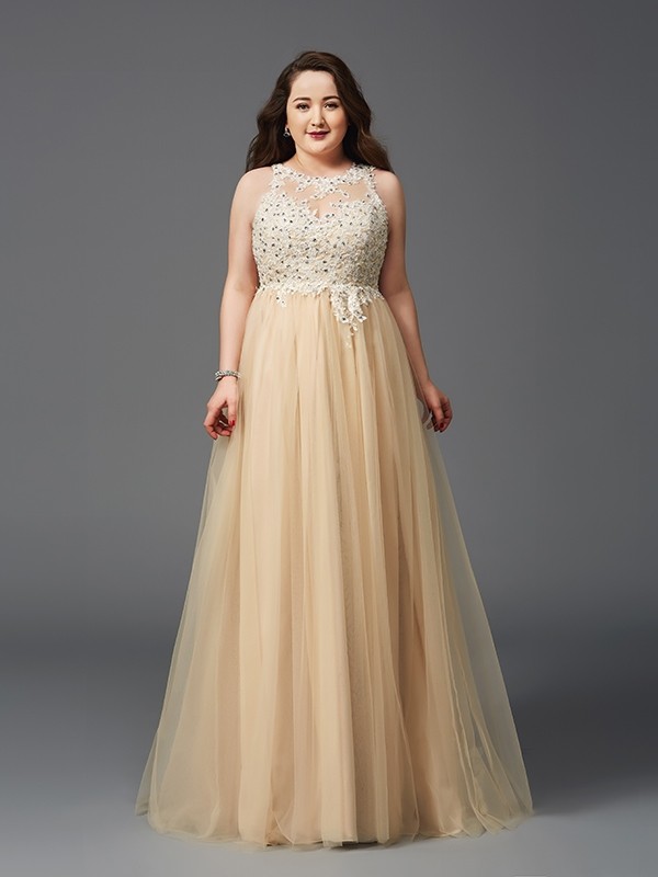 A-Line/Princess Scoop Rhinestone Sleeveless Long Net Plus Size Dresses 4330