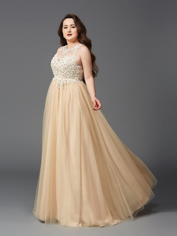 A-Line/Princess Scoop Rhinestone Sleeveless Long Net Plus Size Dresses 4330