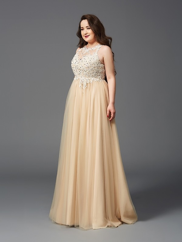 A-Line/Princess Scoop Rhinestone Sleeveless Long Net Plus Size Dresses 4330