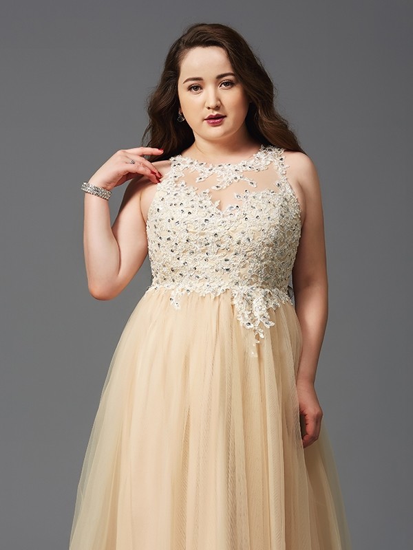 A-Line/Princess Scoop Rhinestone Sleeveless Long Net Plus Size Dresses 4330