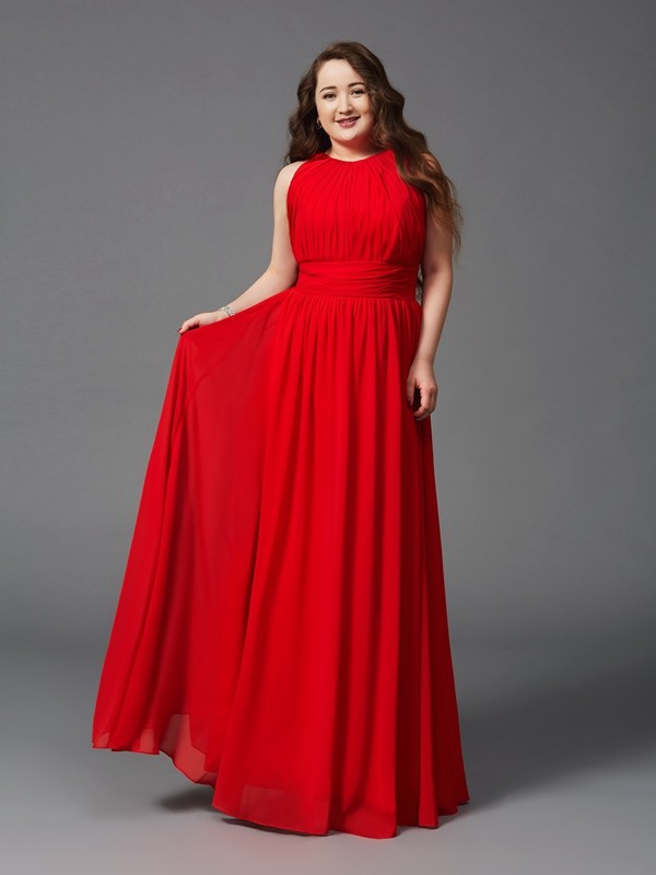 A-Line/Princess Jewel Ruched Sleeveless Long Chiffon Plus Size Dresses 3686