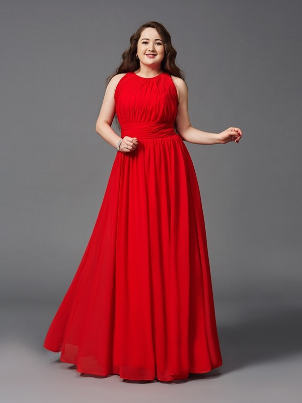 A-Line/Princess Jewel Ruched Sleeveless Long Chiffon Plus Size Dresses 3686