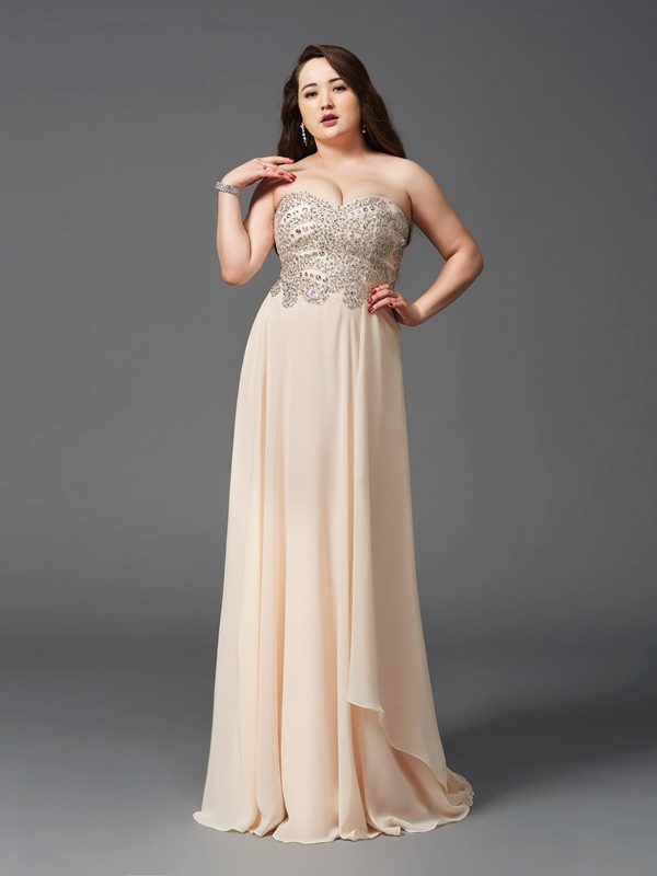 A-Line/Princess Sweetheart Rhinestone Sleeveless Long Chiffon Plus Size Dresses 4994