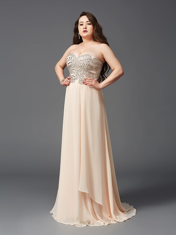 A-Line/Princess Sweetheart Rhinestone Sleeveless Long Chiffon Plus Size Dresses 4994