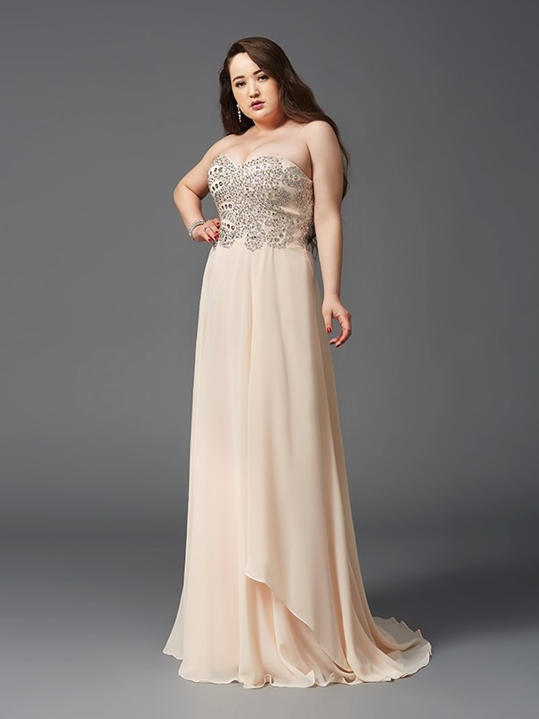 A-Line/Princess Sweetheart Rhinestone Sleeveless Long Chiffon Plus Size Dresses 4994