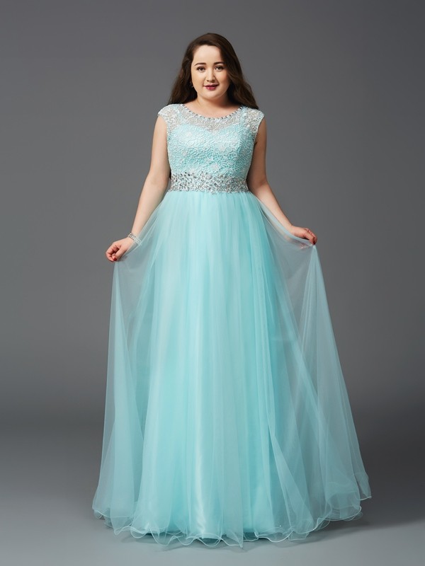 A-Line/Princess Scoop Rhinestone Sleeveless Long Tulle Plus Size Dresses 4329